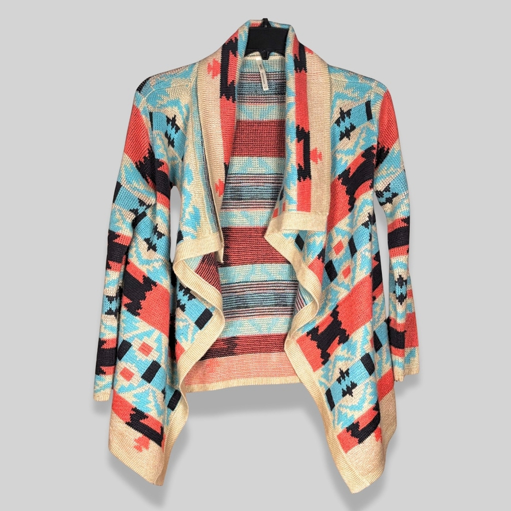 Kate Knit Cardigan Open Front Aztec Pattern Draped Silhouette Multicolor Medium
